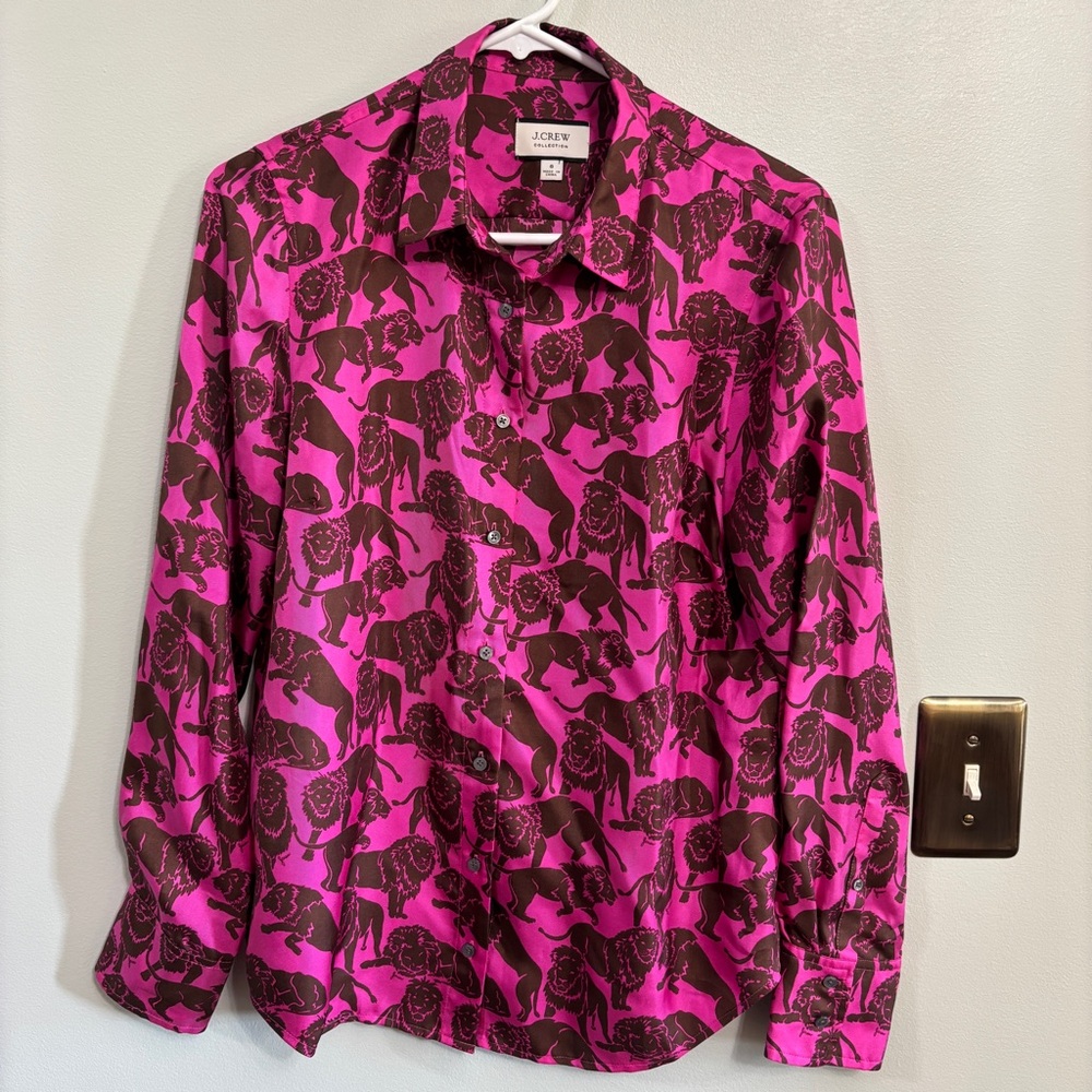 J. Crew Bright Pink Button-Down Shirt with Dark Brown Lion Print